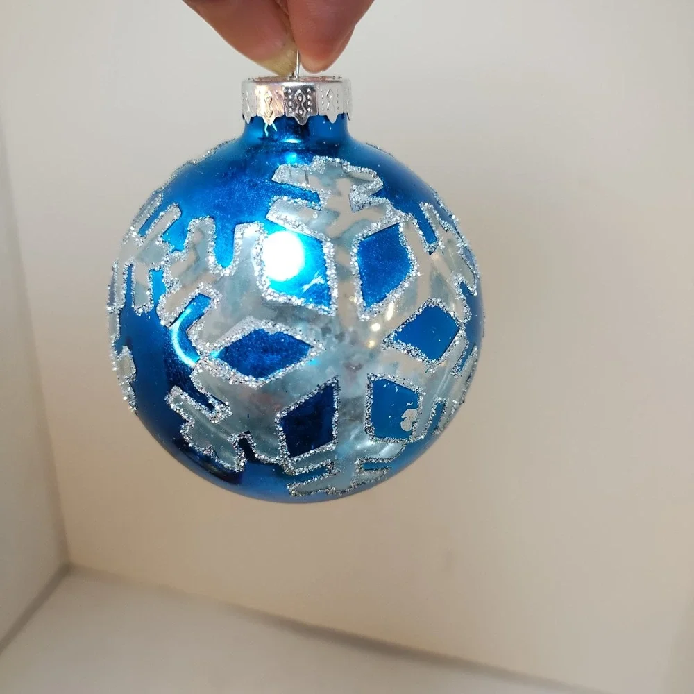 VTG December Home 4ct Glass Christmas Ornaments Red Blue Gold Snowflake Reindeen